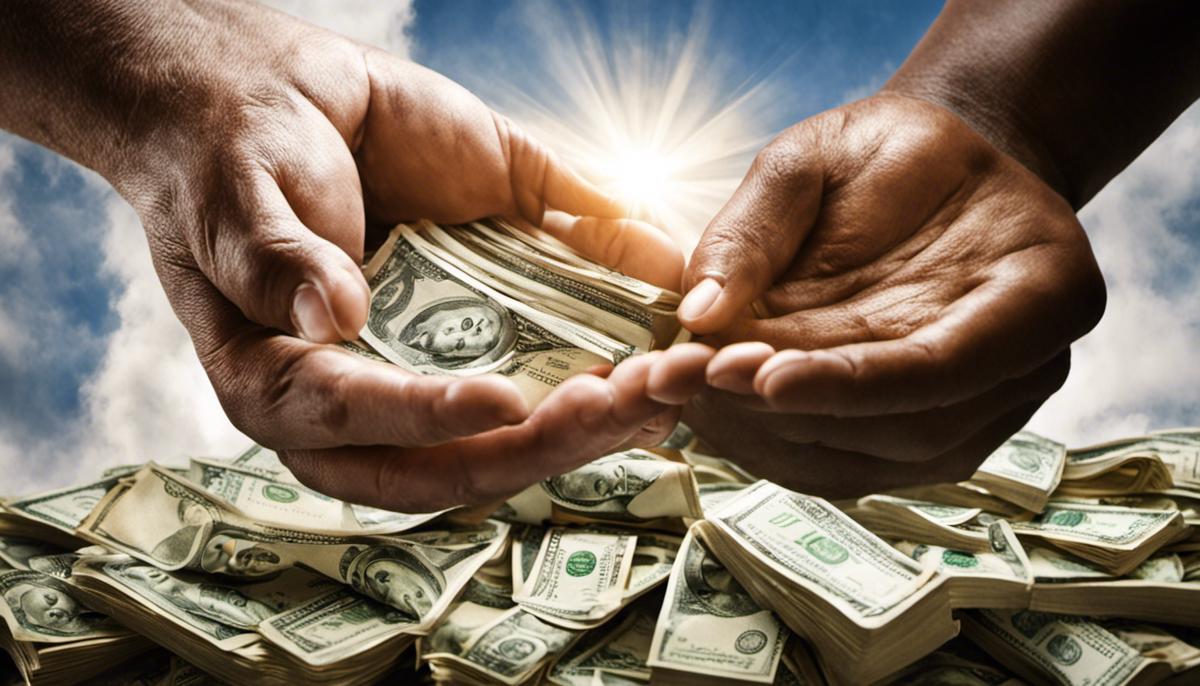 Image depicting hands reaching towards money, with text overlay reflecting the contrast between material prosperity and spiritual growth in the Prosperity Gospel