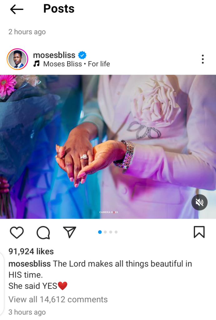 Nigerian Gospel Artist Moses Bliss Announces Engagement
